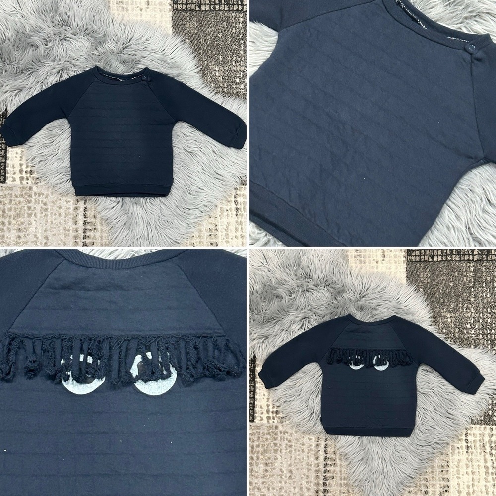 Noé & Zoë Berlin Toddler Navy Sweater W/Fringe Covered Eyes On Back Size 6/12mo